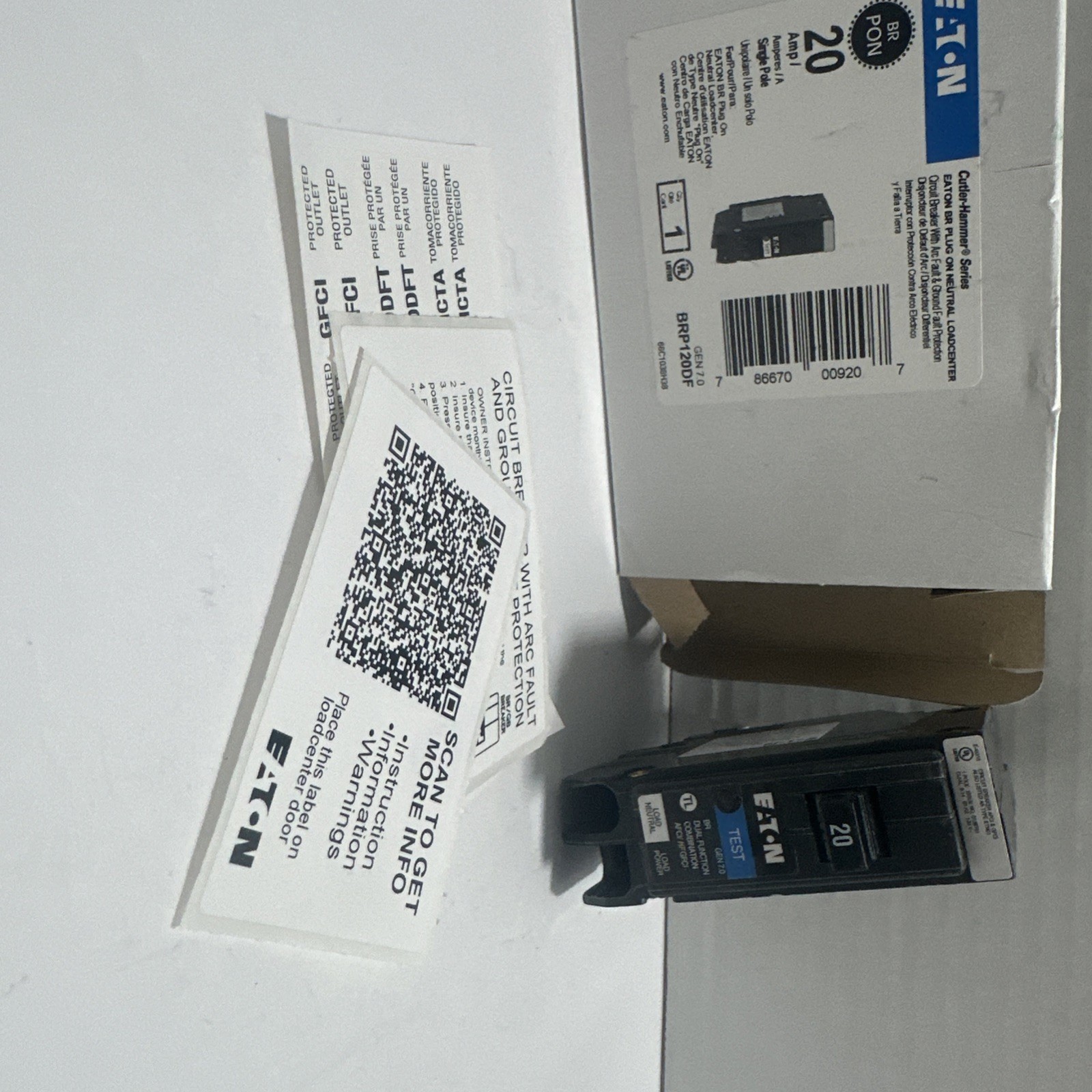 Eaton BRP120DF 20 Amp Dual Function AFCI GFCI Plug-On Neutral Breaker New