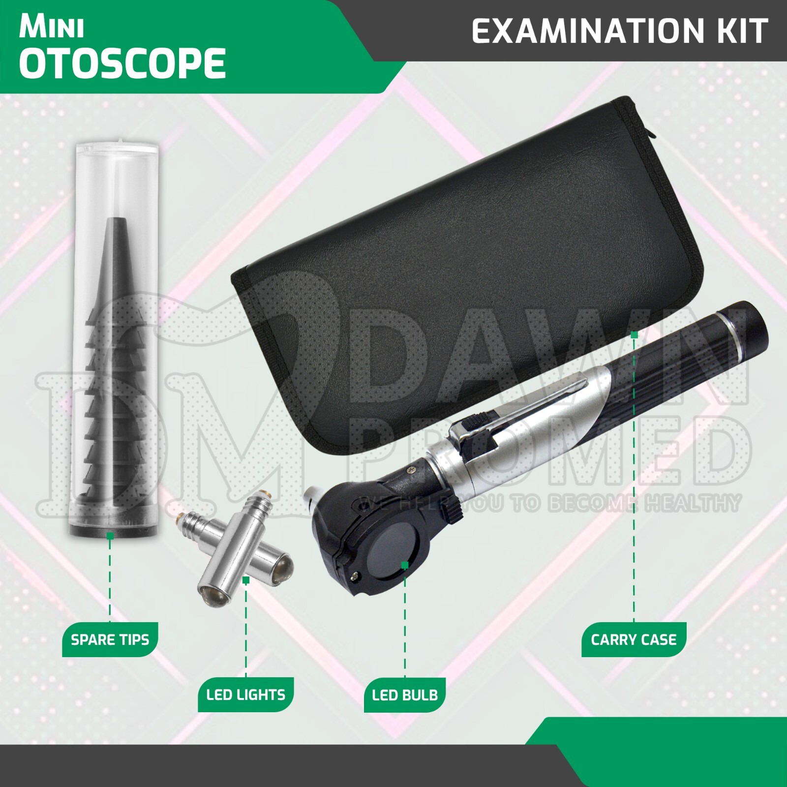 Fiber Optic Otoscope & Ophthalmoscope Examination LED Diagnostic ENT Set (Black)