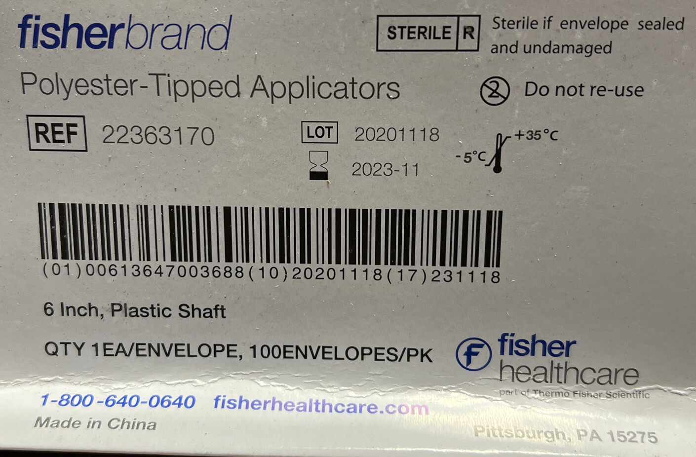 Fisherbrand Polyester-Tipped Applicators 22363170 Exp. 2023-11