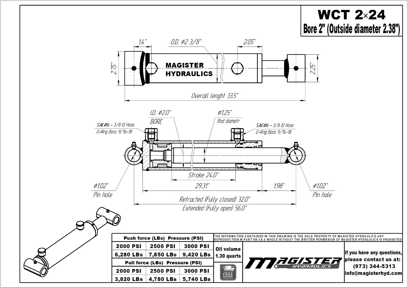Hydraulic Cylinder Welded Double Acting 2″ Bore 24″ Stroke Cross Tube 2×24 NEW