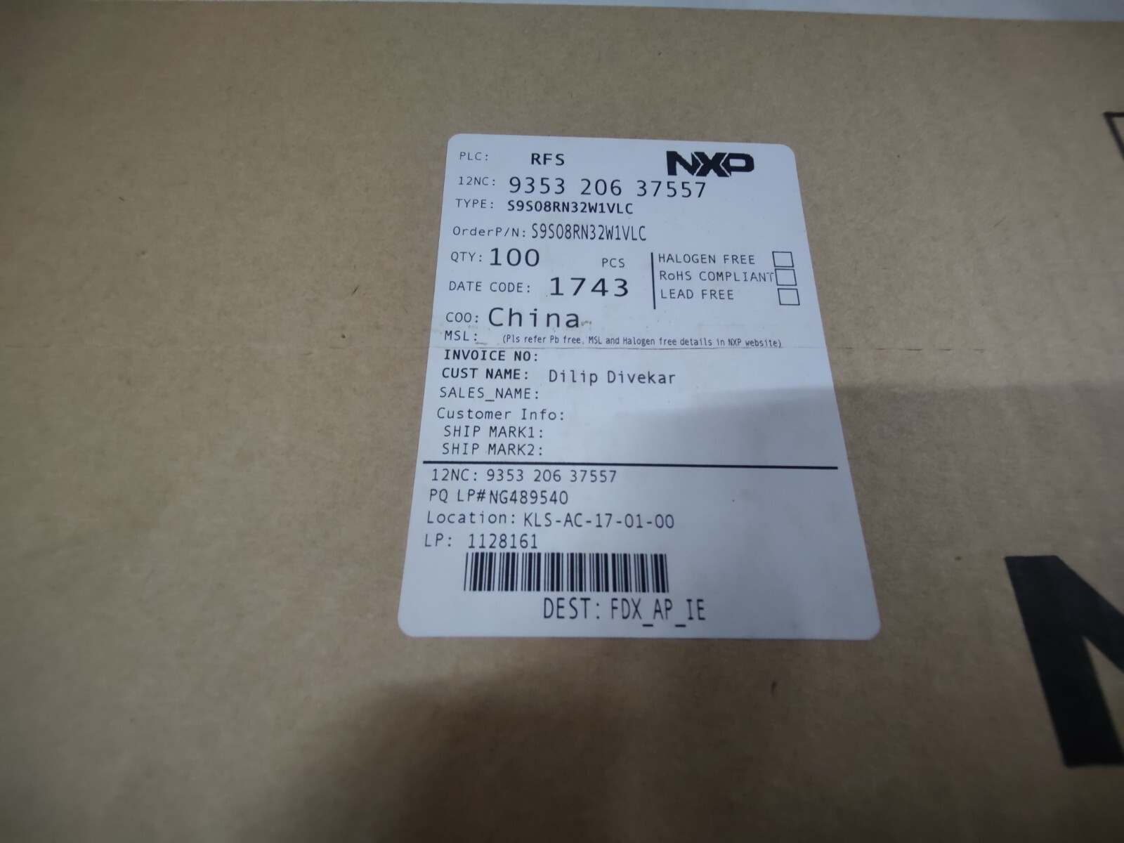 NXP S9S08RN32W1VLC Microcontroller IC 8-Bit 20MHz 32KB FLASH 32-LQFP (100 Pcs)