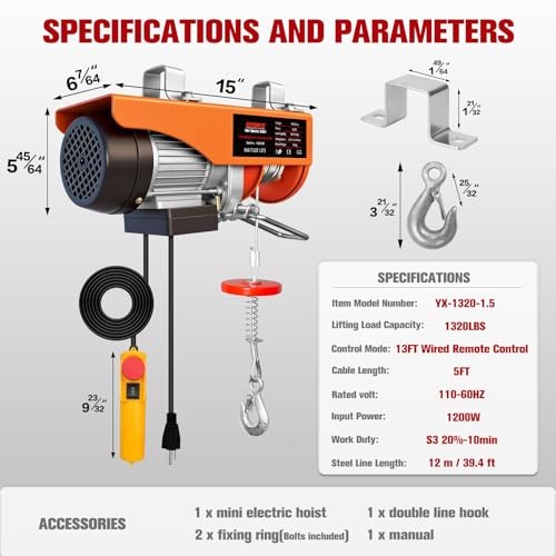 Electric Hoist 1320Lbs 110V with Remote Zinc Plated Wire