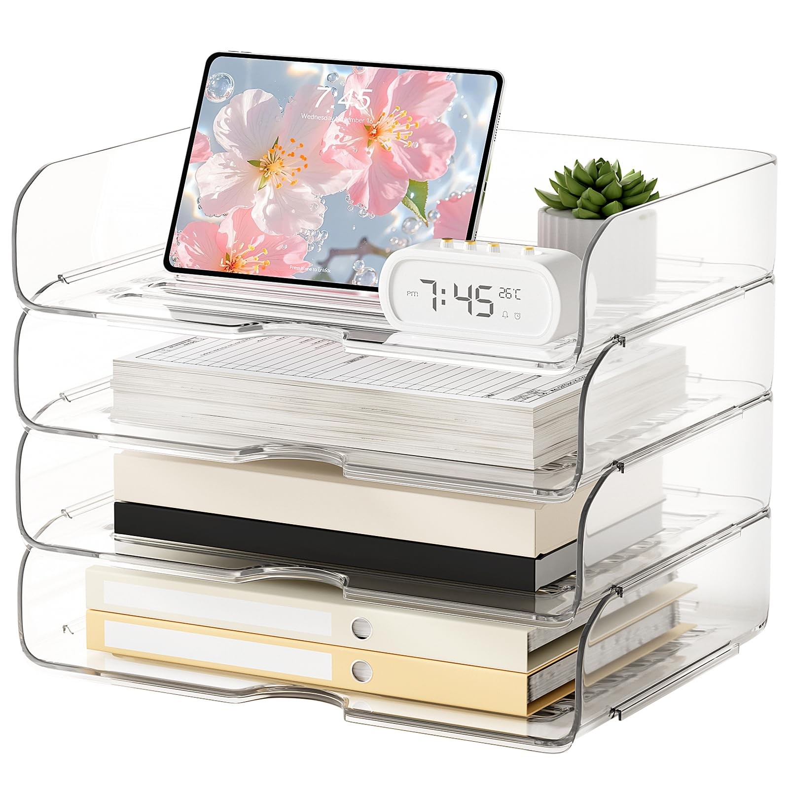 NUOGIC 4-Tier Large-Capacity Paper Organizer, 13 x 9.65 x 10.9 inches, Clear