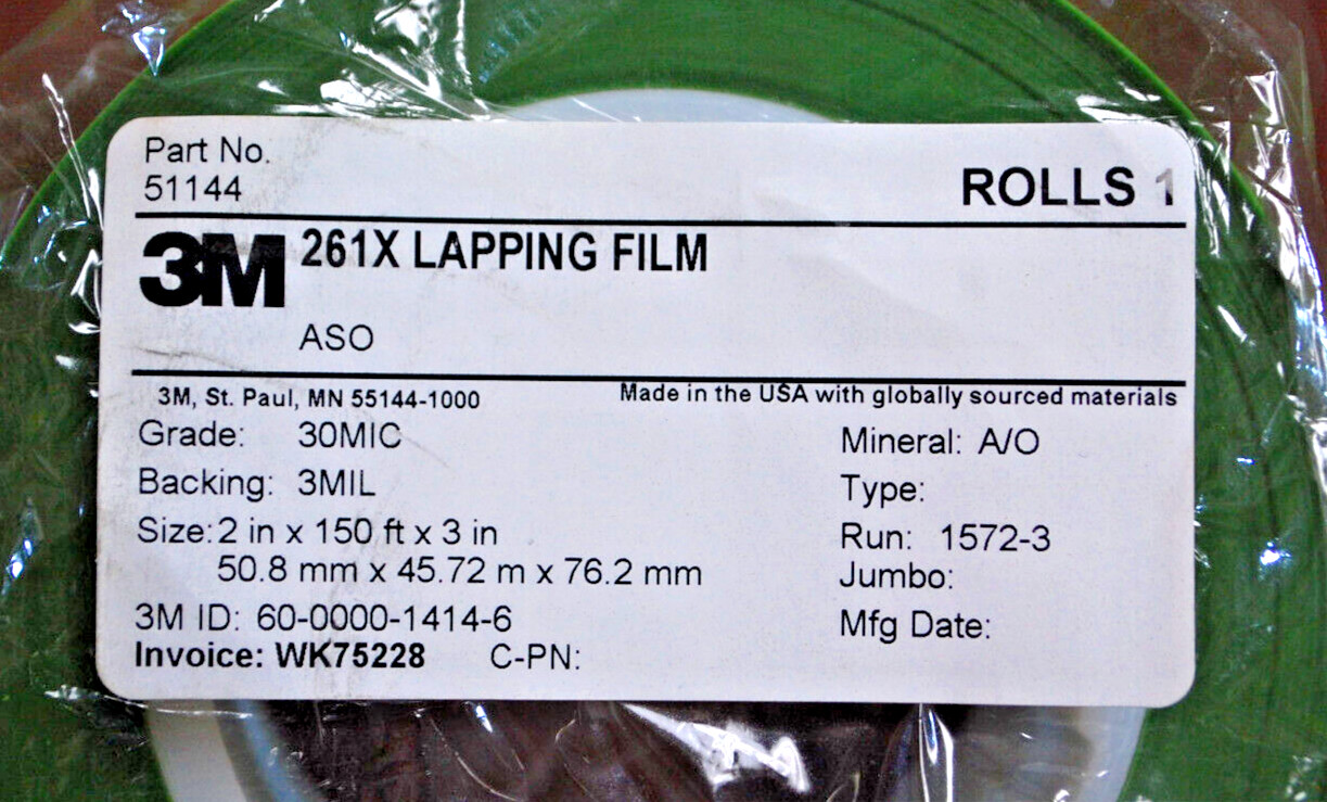 3M Green 261X Lapping Film Roll 30MIC 3MIL 2 in x 150 ft x 3 in 2 Rolls T1553