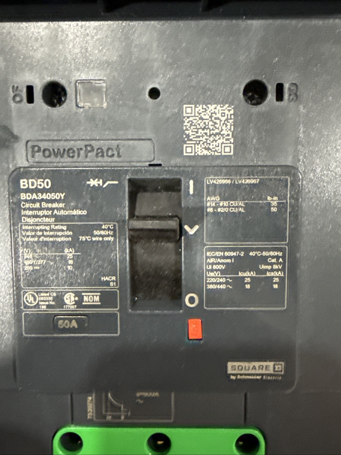 Square D PowerPact BDA34050Y 50A 3P 18kA@480V I-line Circuit Breaker