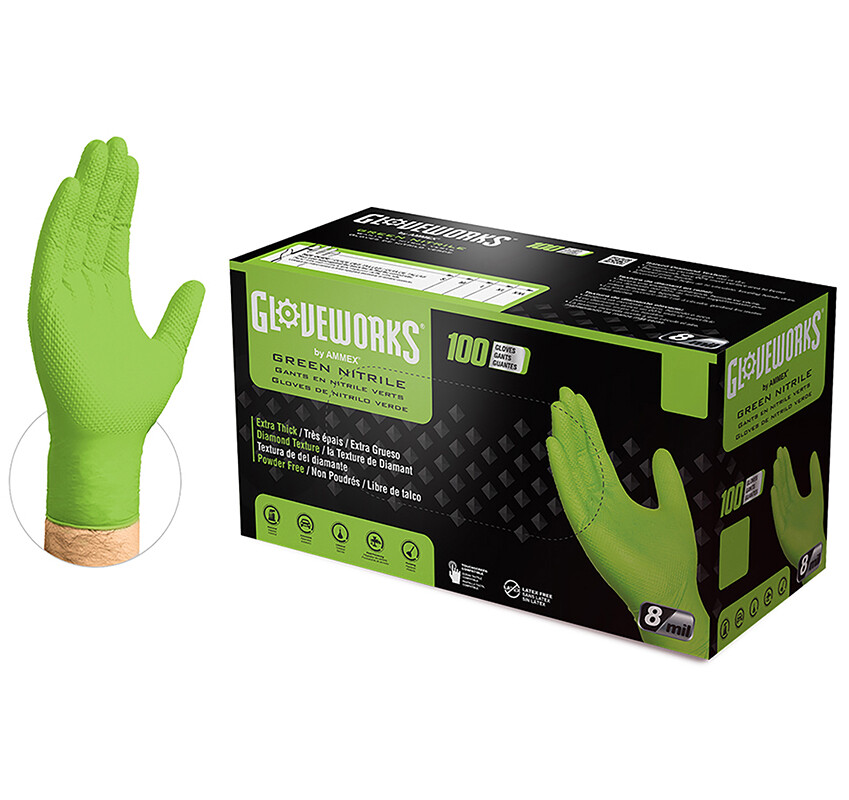 Gloveworks 8 mil Disposable HD Nitrile Gloves, Pack of 100, XLarge, Green