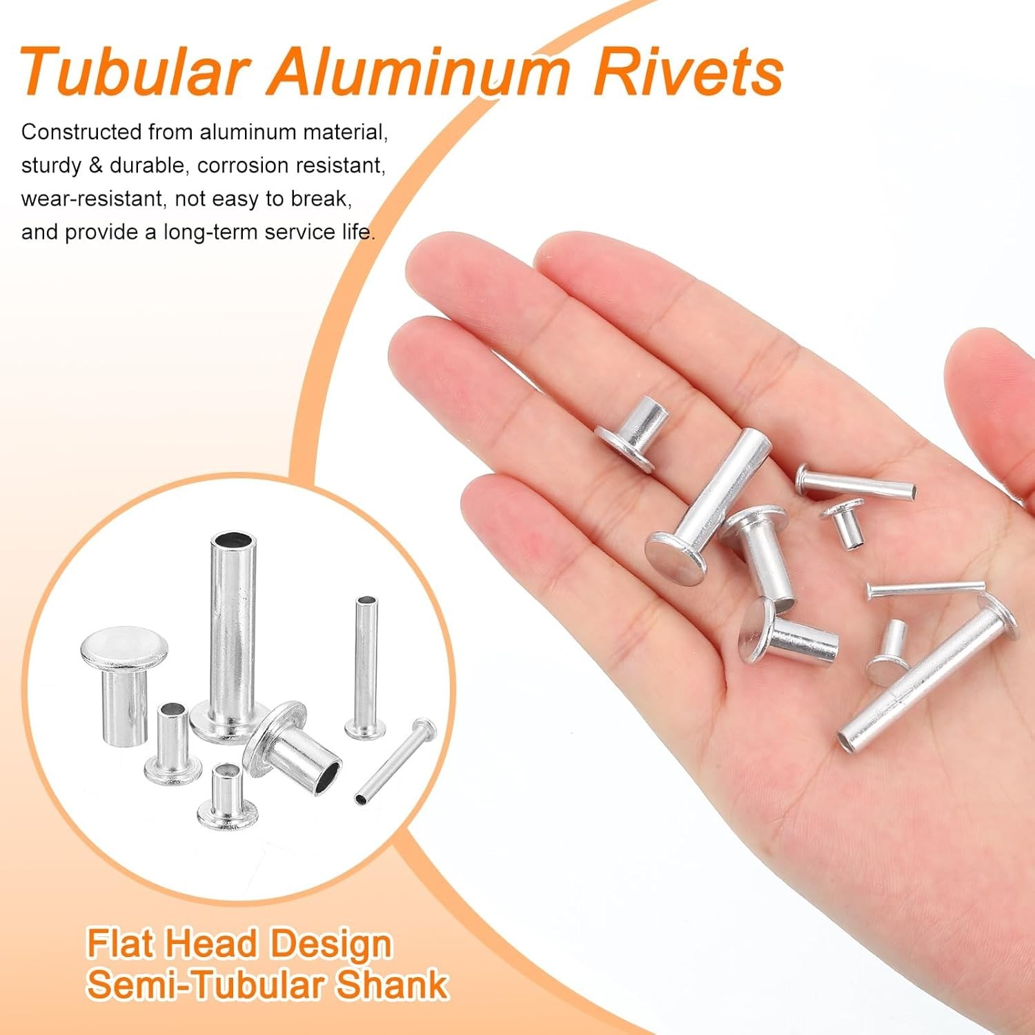 50Pcs Semi Tubular Rivets, 2mm x 4mm Aluminum Round Flat Head Semi-Tubular Ri…