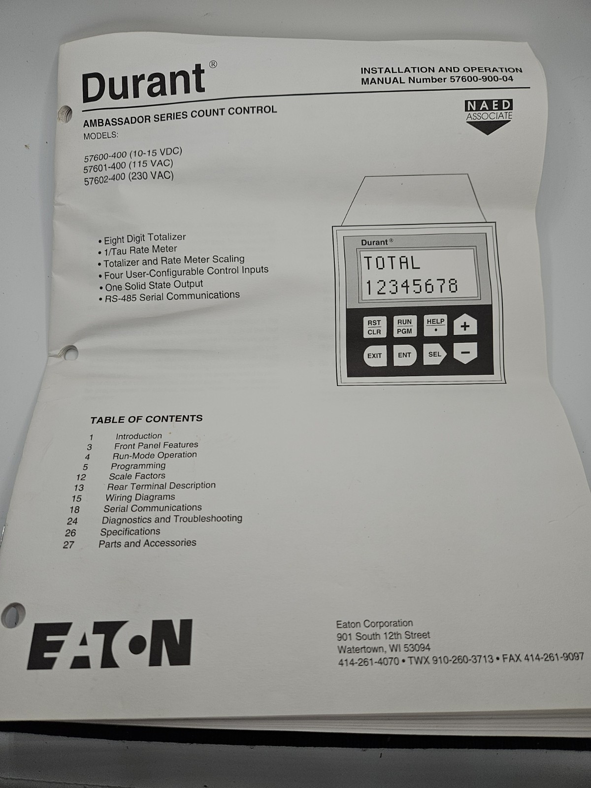 EATON DURANT 57601-400 COUNT CONTROL COUNTER TOTALIZER AMBASSADOR SERIES