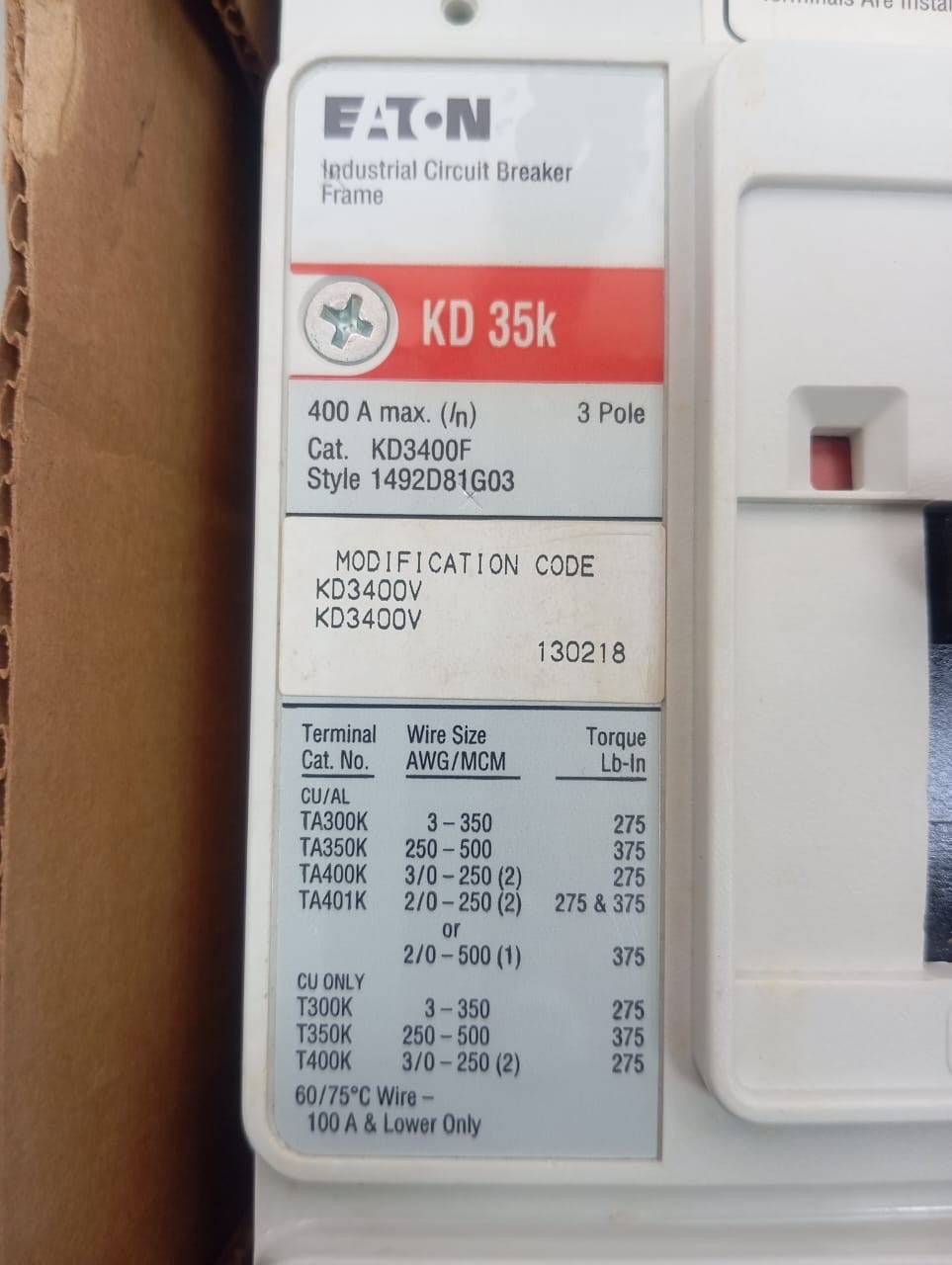 Eaton / Industrial Circuit Breaker / KD3400F / 400A, 3 Pole