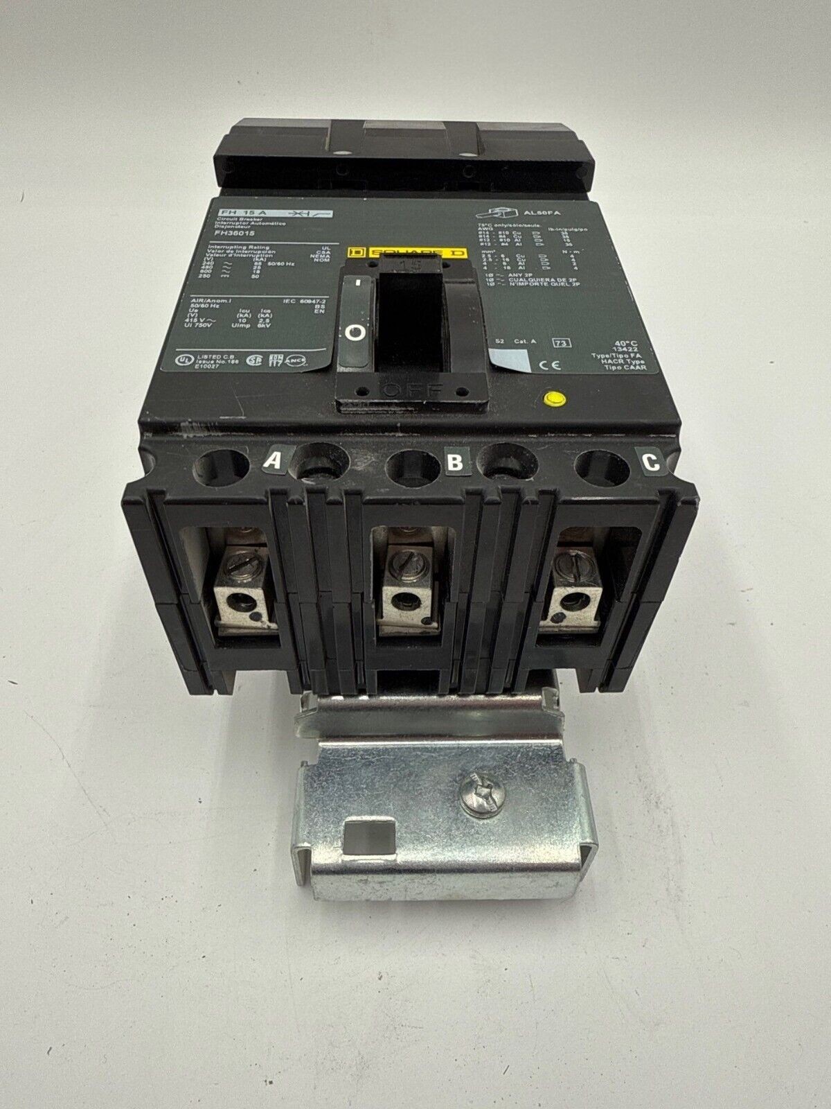 Square D FH36015 I-Line Circuit Breaker 15A 3P 600V 3PH FA 15 Amp 3 Pole Used