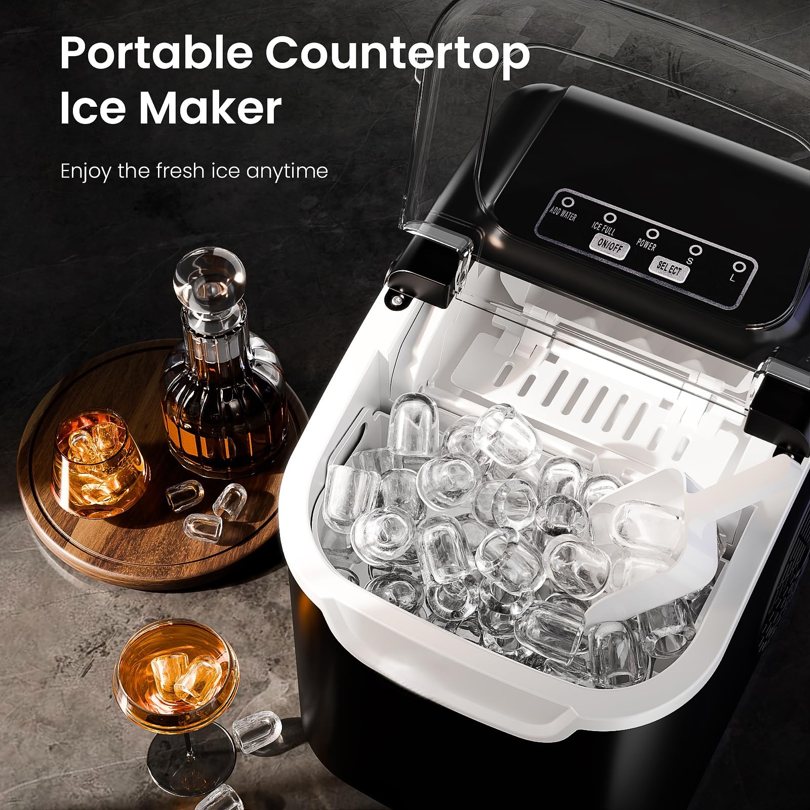 Countertop Ice Maker Machine with Handle, 8 Cubes Ready in 6 Mins, 26.5lbs/24…