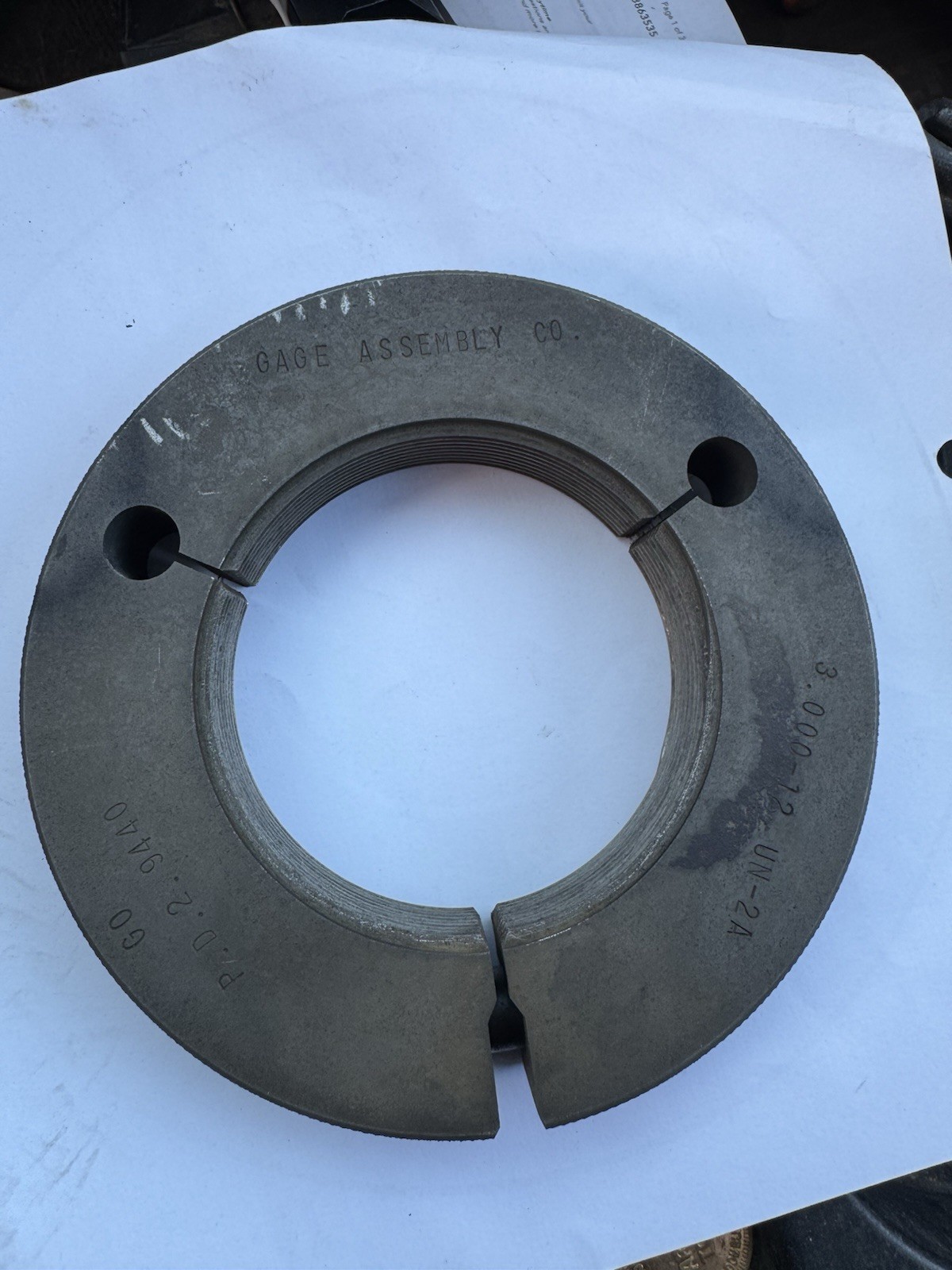 3.000-12 UN-2A Thread Ring Gage Assembly Co. P.D.2. 9440 -GO Machinist Tool