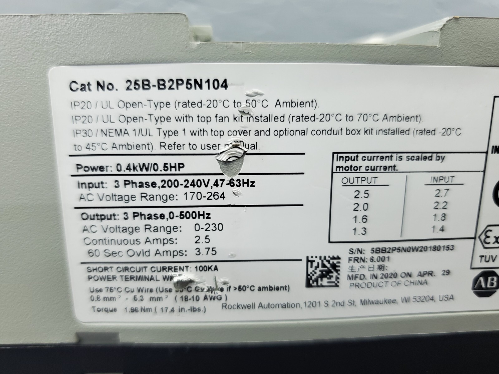 25B-B2P5N104 Allen Bradley PowerFlex 525 AC Drive 0.4kW 0.5Hp