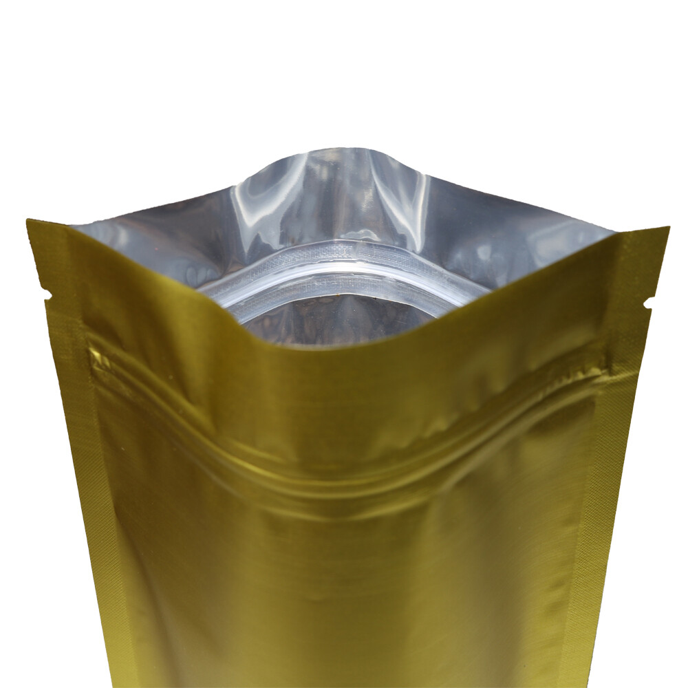 5.5×7.75in Two Sided Gold Foil Mylar Stand Up Zip Lock Bag w/ Heat Seal Machine