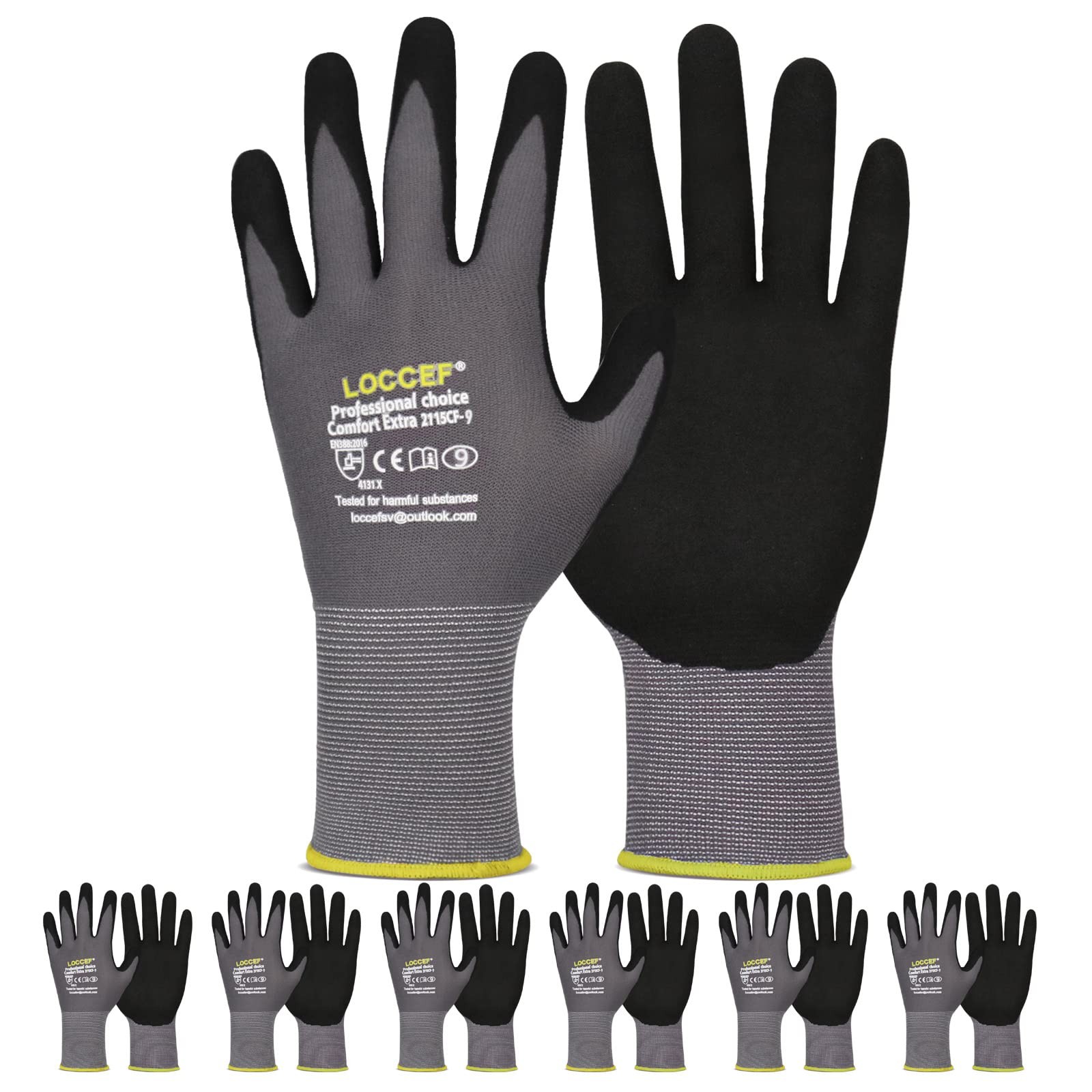 LOCCEF Work Gloves MicroFoam Nitrile Coated6 Pairs,Seamless Knit Nylon Gloves…