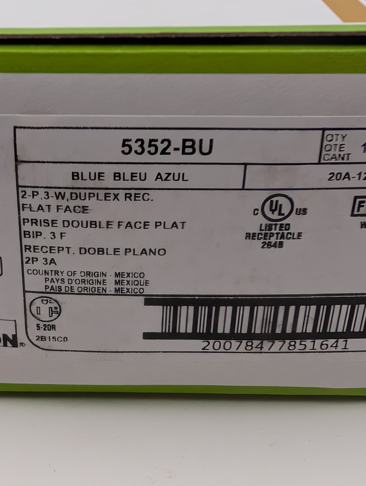 10Pk Leviton 5352-BU 20A, 125V Industrial Heavy Duty Grade, Blue Duplex Outlets