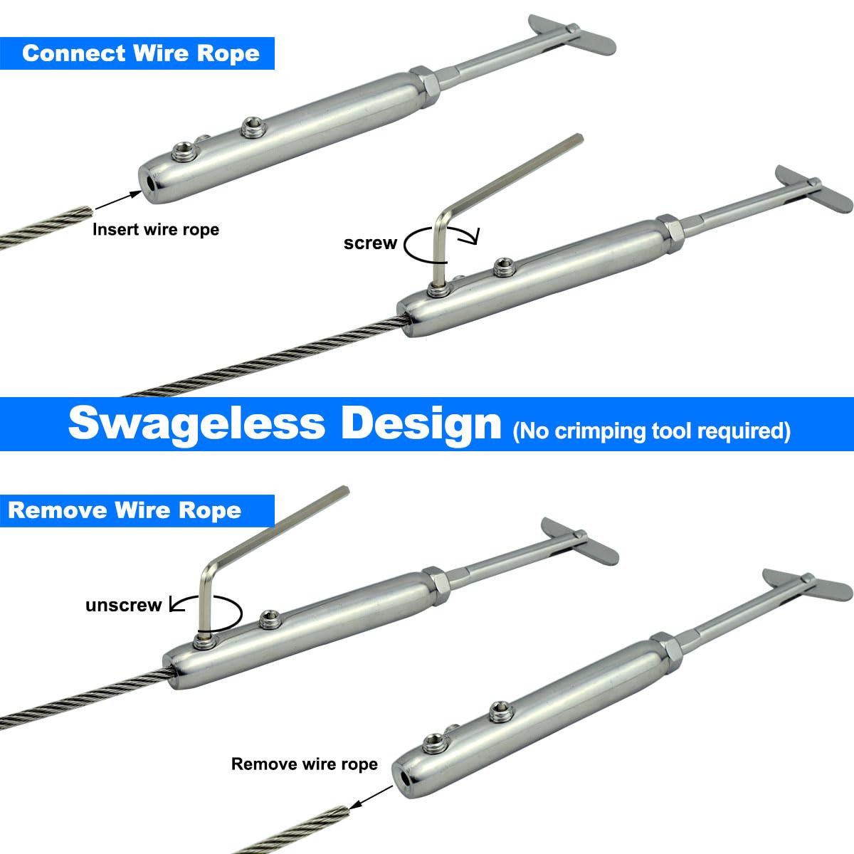 Adjustable Swageless Tensioners for 3/16″ Stainless Steel Cable Railing, 10 Pair