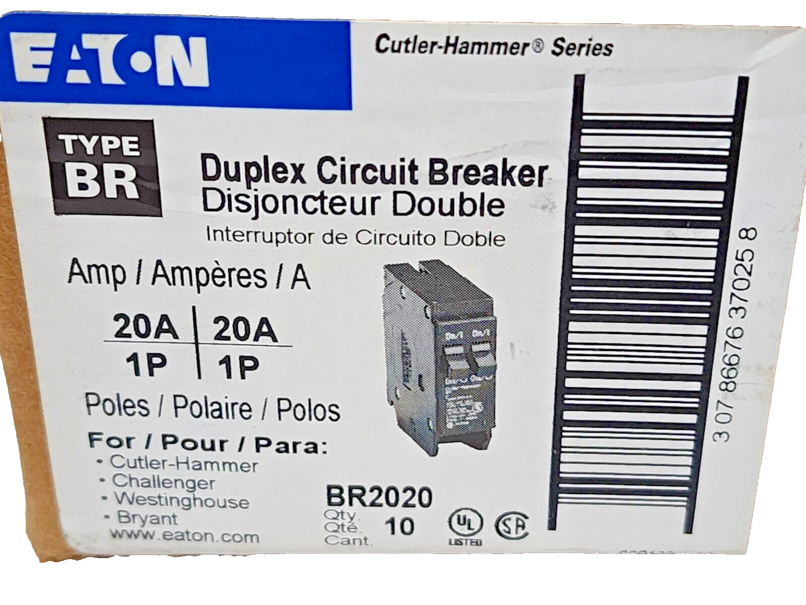 EATON BR2020, 2 Pole 20/20 Amp, 120/240Vac Plug-In, Type BRD & A Circuit Breaker