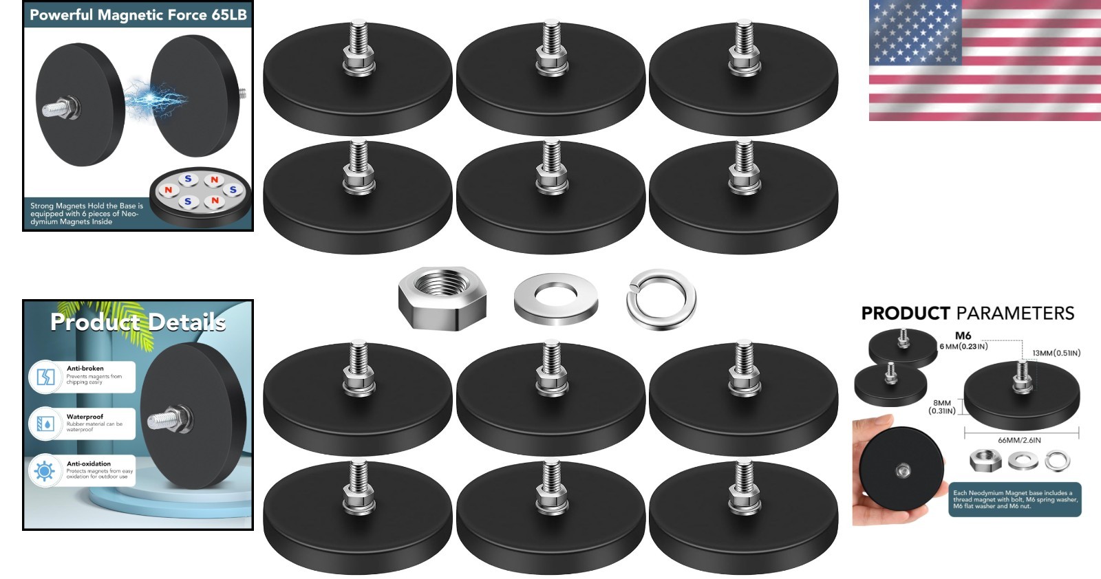 Rubber Coated Magnets 2.6in 65lbs | 12pcs, M6 Threaded Studs