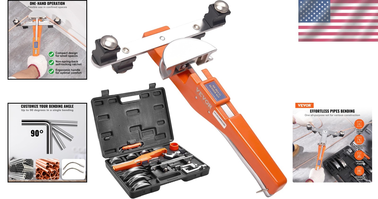 Versatile Hand-Powered Pipe Tube Bender with 90° Flexibility & Accessories