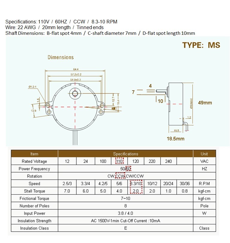 Synchronous Motor MS type UL 110V CCW 8-10 rpm Ningbo Mingjong Electric