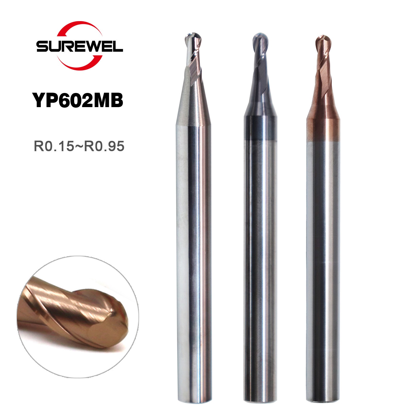 1PCS Solid Carbide Micro Ball End Mill R0.15-R0.95 CNC Engraving HRC60 Coated