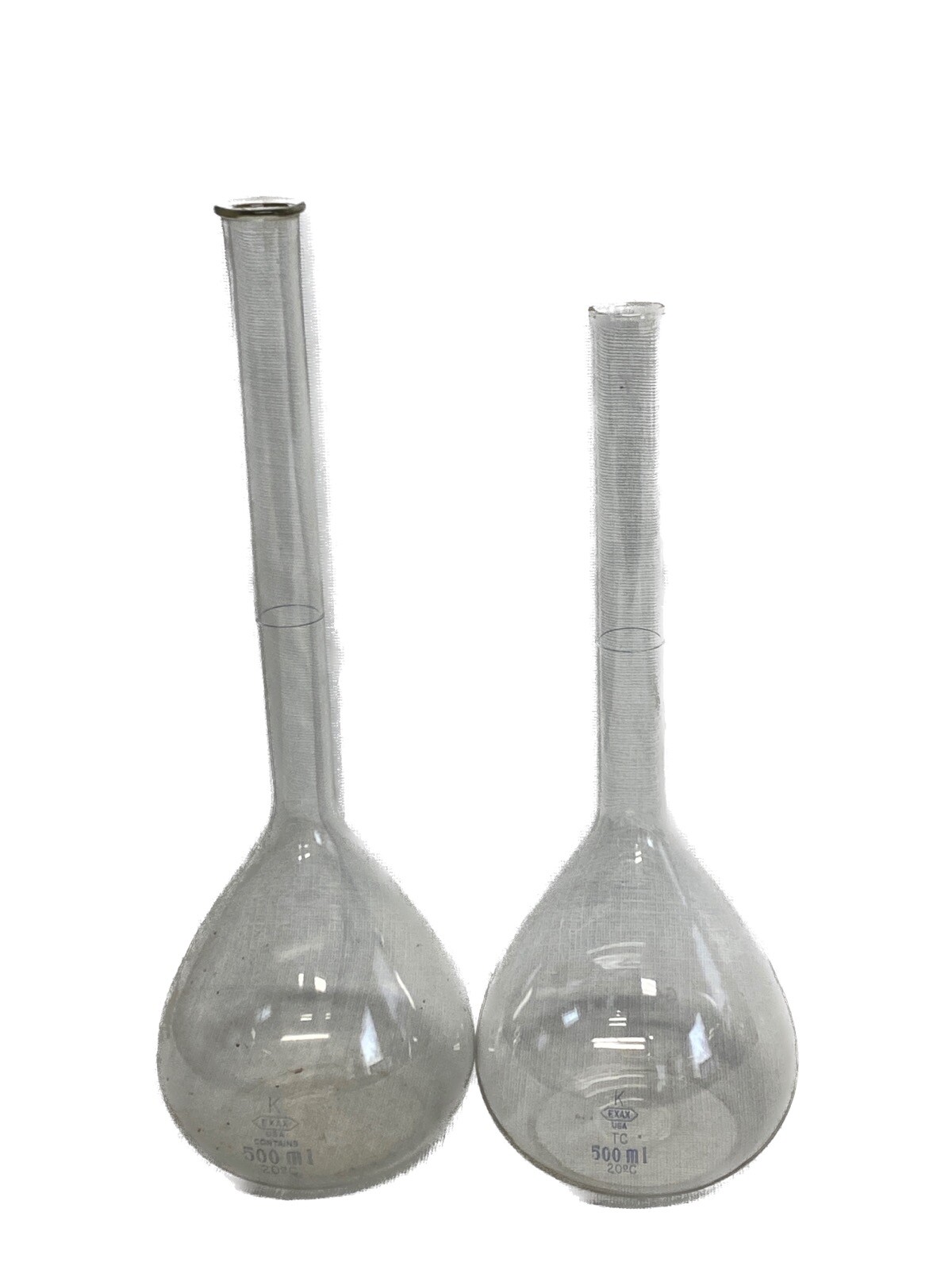 (Lot of 2) KIMAX EXAX 500mL Glass Volumetric Flasks w/Plain Rim & Tooled Rim