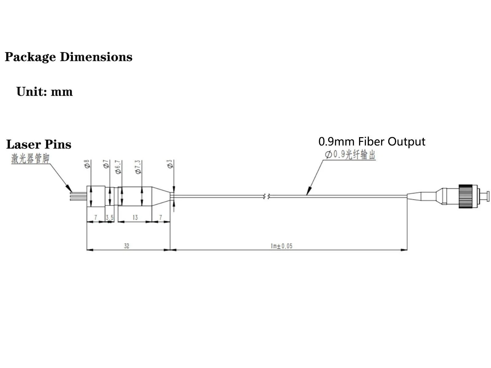 1pc 808nm 50mW Single-Mode Fiber Laser Module FFGX-808-SF-FP_50 Optical Pigtail