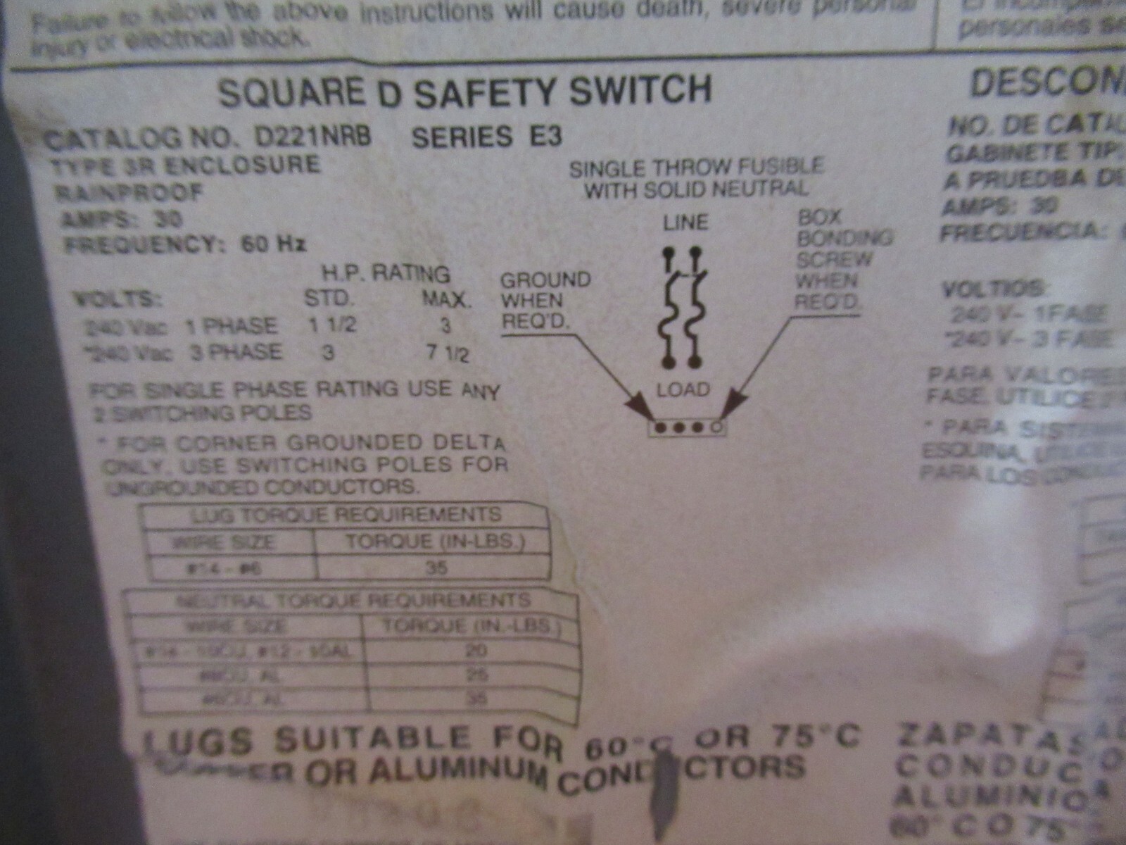 Square D D221NRB, Series E, 30 Amp, 240 Volt, 2P3W, NEMA 3R, Fusible Disconnect