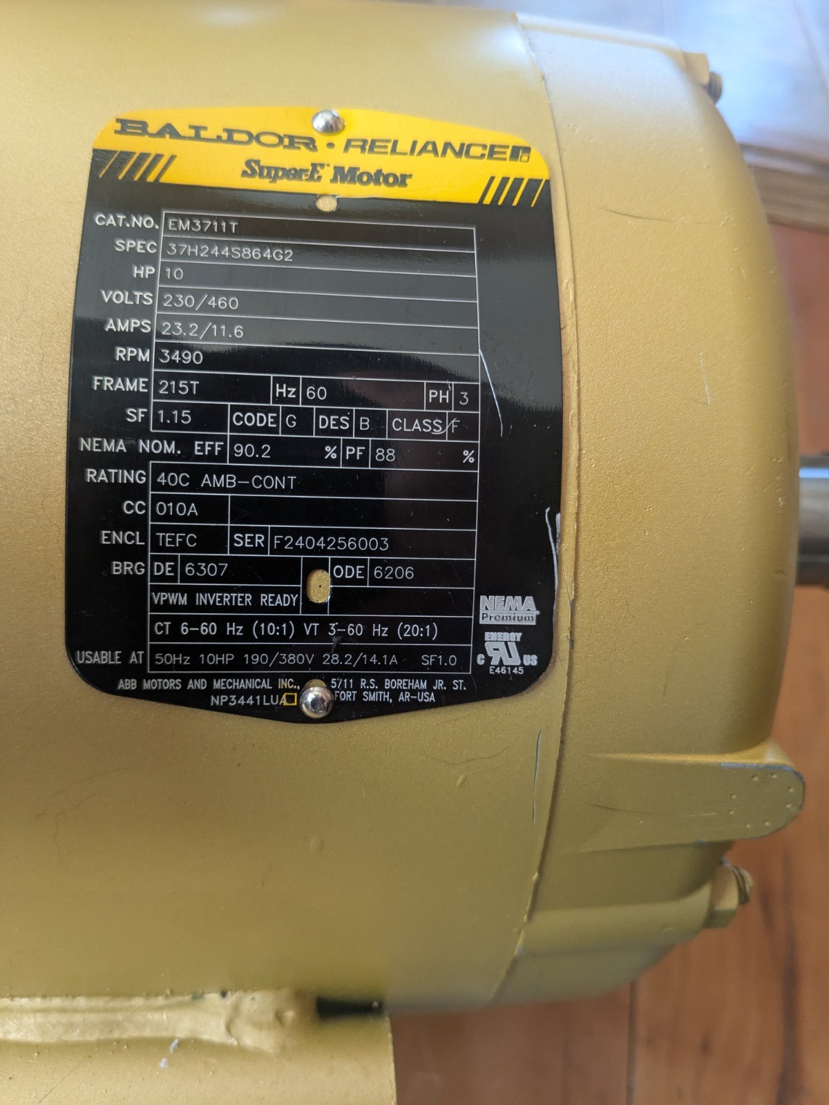 New Baldor 10 HP Super-E Electric Motor Em3711T 230/460 Vac 215T Frame RPM 3490