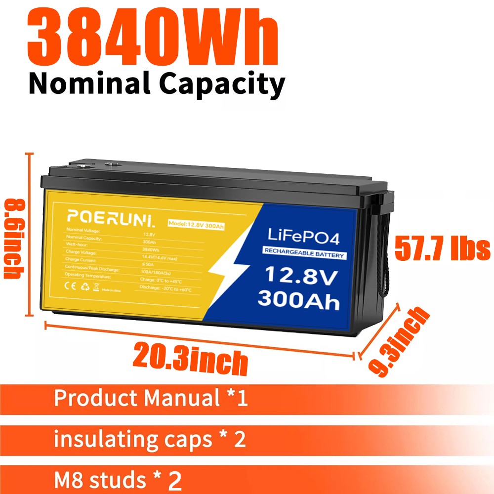 12V 300Ah LiFePO4 Lithium Battery 3840Wh Built-in BMS Solar RV Marine Off-grid