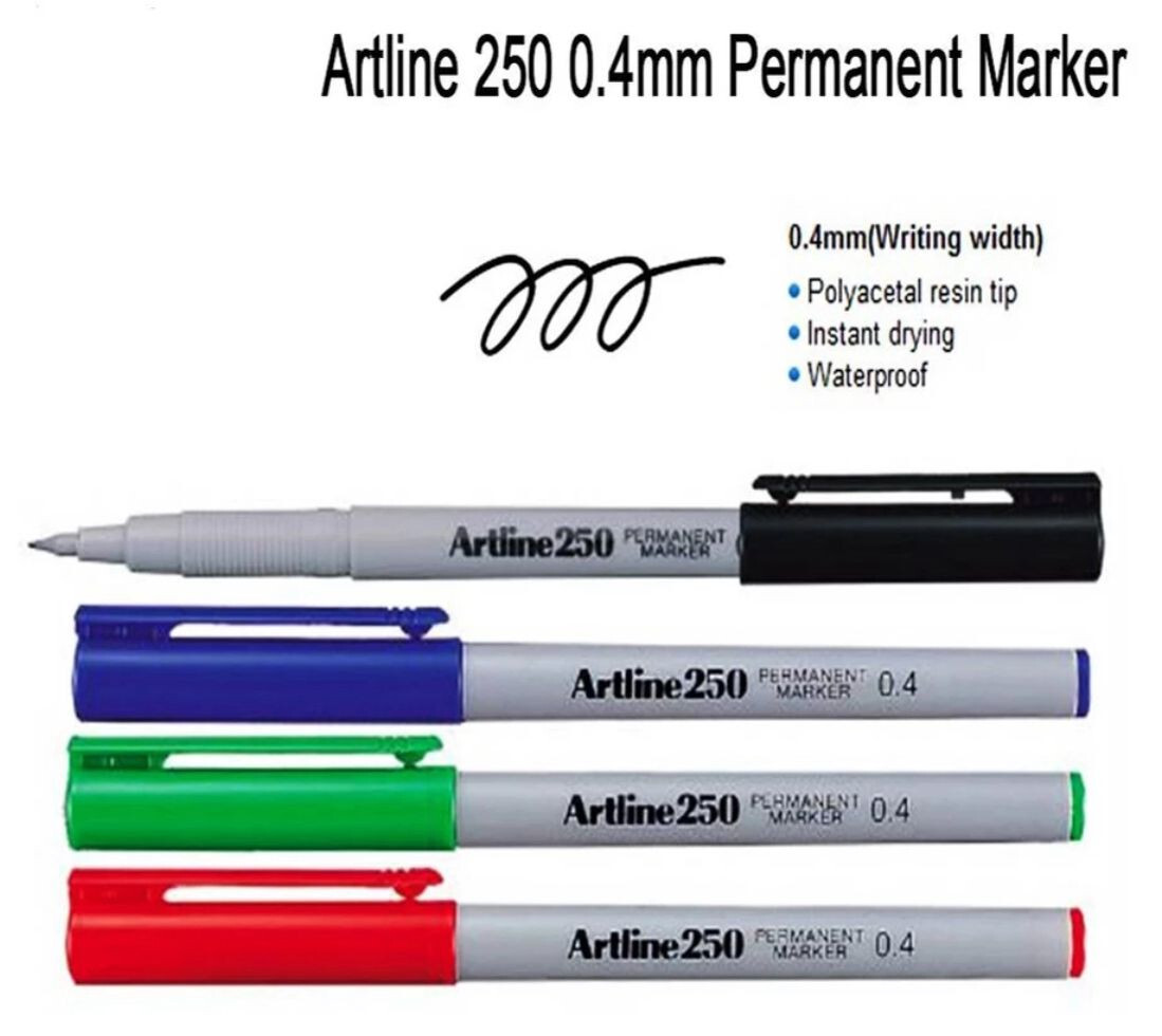Artline 250 Permanent Marker Colour Pen 0.4mm Waterproof(Black,Blue,Green & Red)