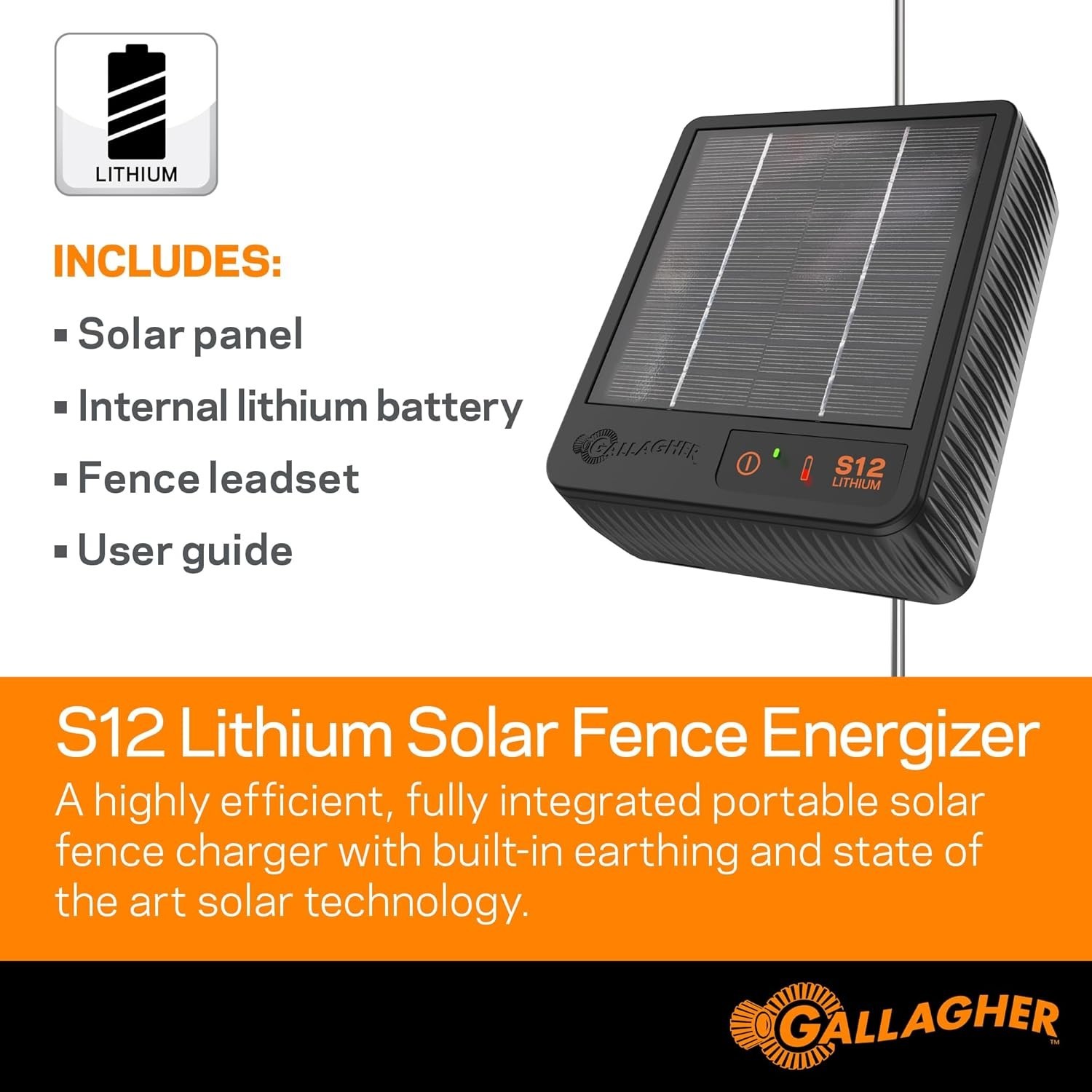 Gallagher S12 Solar Electric Fence Charger Solar Lithium Technology