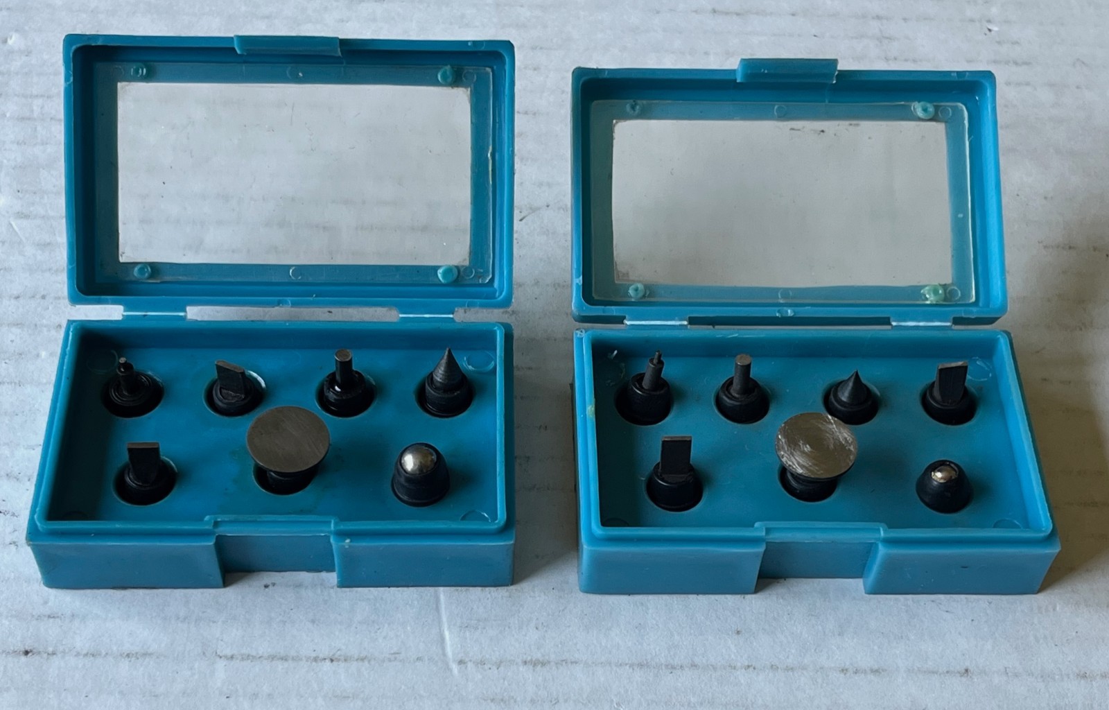 Two Micrometer Anvil Attachment Sets (7 Pieces Each, Spindle, Point, Ball, Flat)