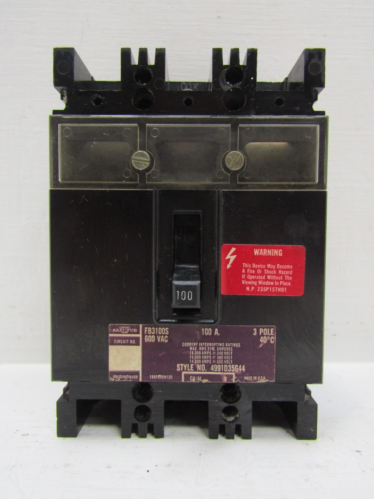 Westinghouse FB3100S 100 Amp 600V 3-Pole SafTvue Circuit Breaker 100A 4991D35G44