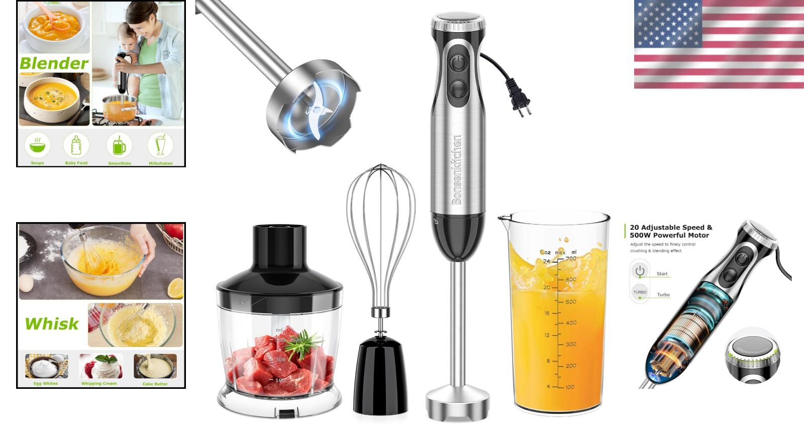 4-in-1 Immersion Blender with Food Processor 20 Speeds