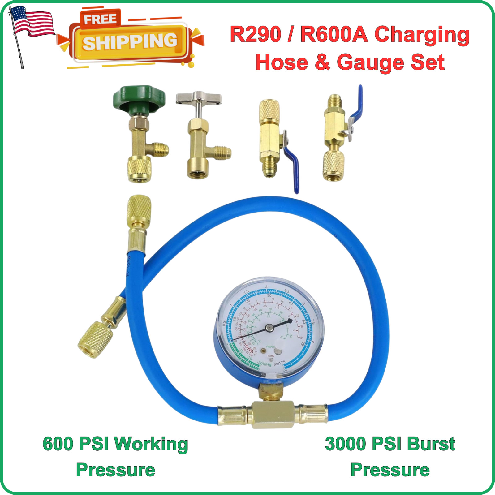 R290 and R600A Charging Hose and Gauge Set with Can Tap and Shut Off Valves