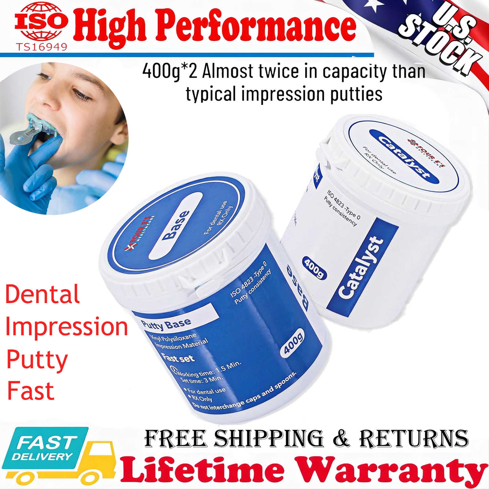 New 2x 400g (Base + Catalystst) Dental Putty Fast Set PVS VPS Impression Silicon