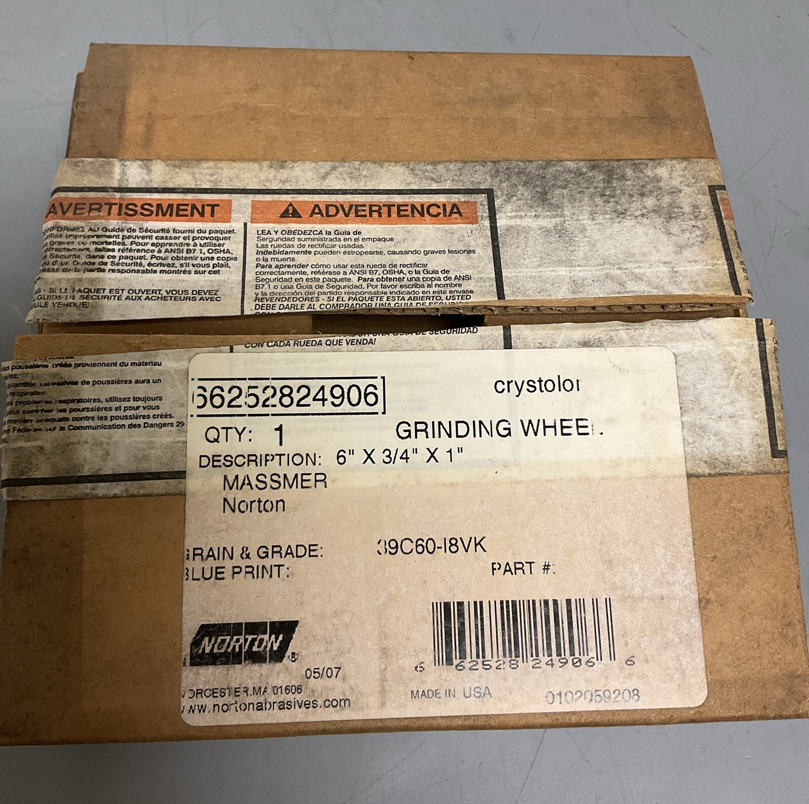 Norton Grinding Wheel 66252824906 | Size 6in x 3/4in x 1in | Part No 39C60-I8VK