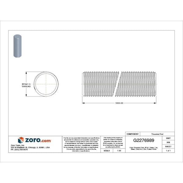 Fully Threaded Rod, M14-1.5Mm, 1 M, Steel, Class 4.8, Zinc Plated Finish,