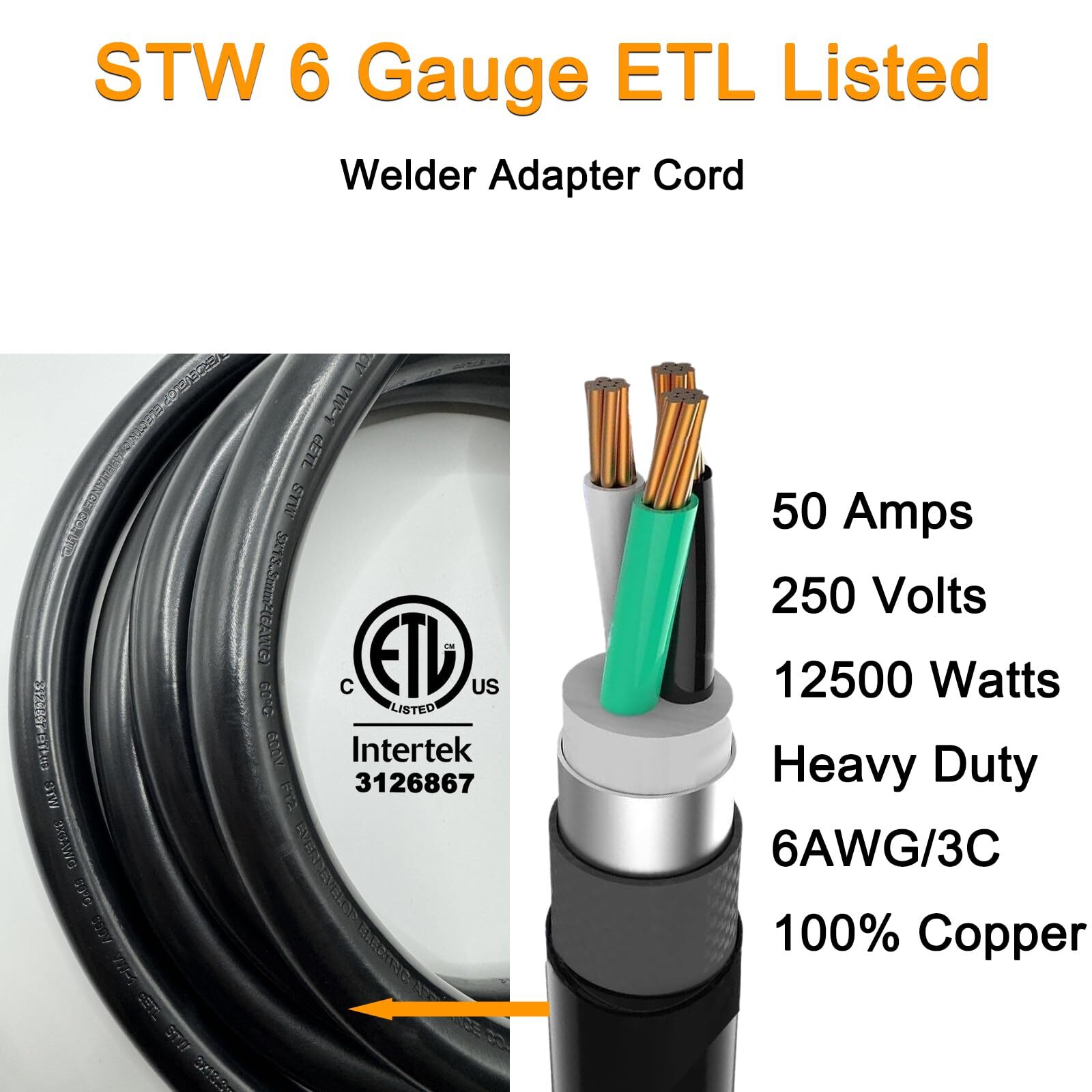 Welder Adapter Cord 50 Amp,STW 6 AWG NEMA 14-50P Male to 6-50R Female Heavy Duty