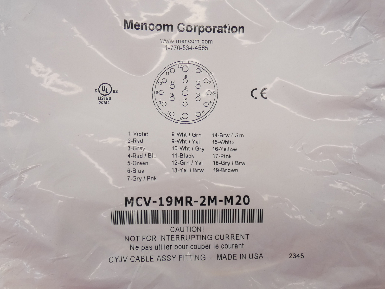 Mencom MCV-19MR-2M-M20 19P MCV Male Receptacle Cordset – NEW Surplus!
