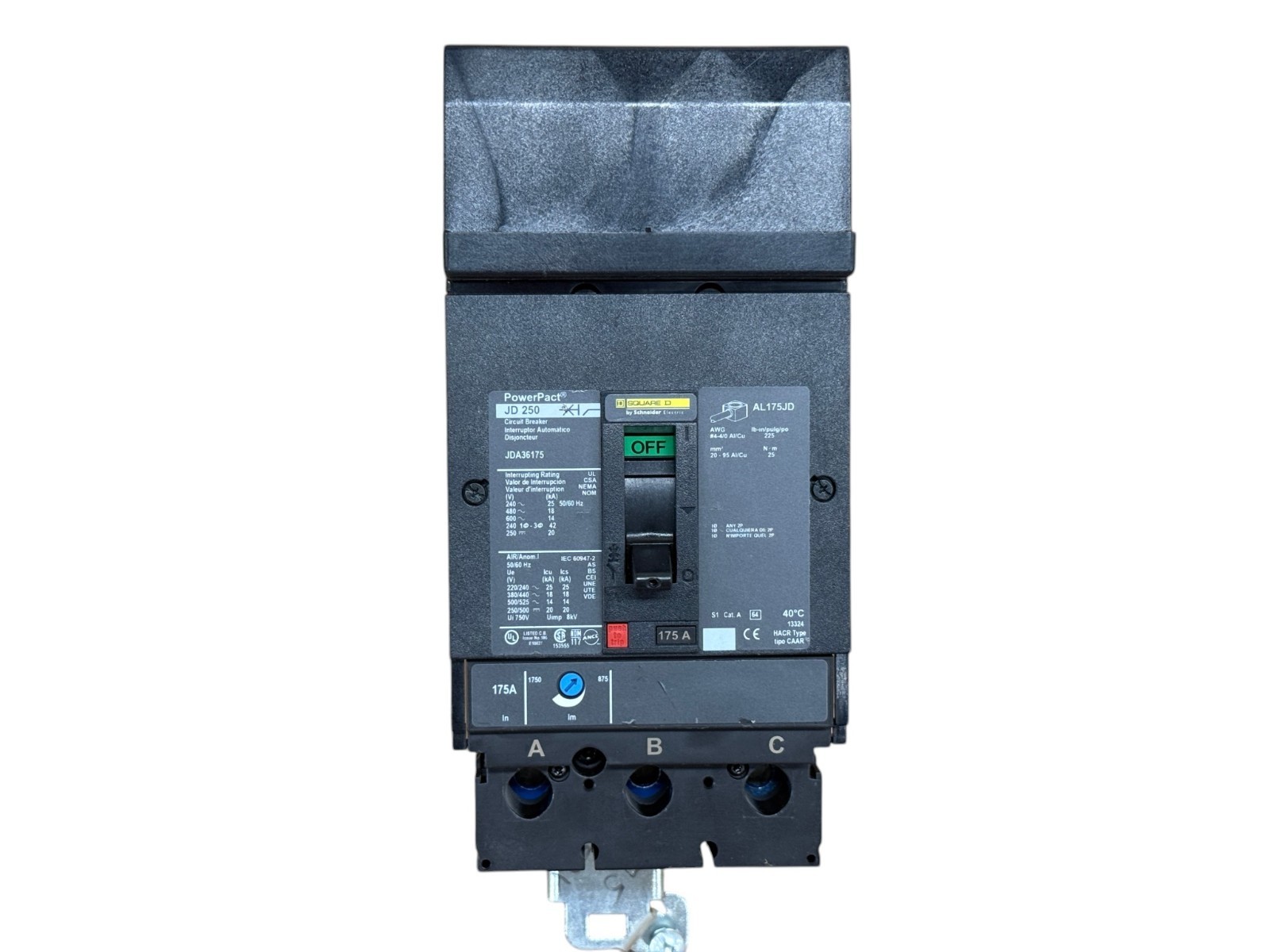 SQUARE D JDA36175 175A 3-PHASE 3-POLE 600V I-LINE POWERPACT J CIRCUIT BREAKER