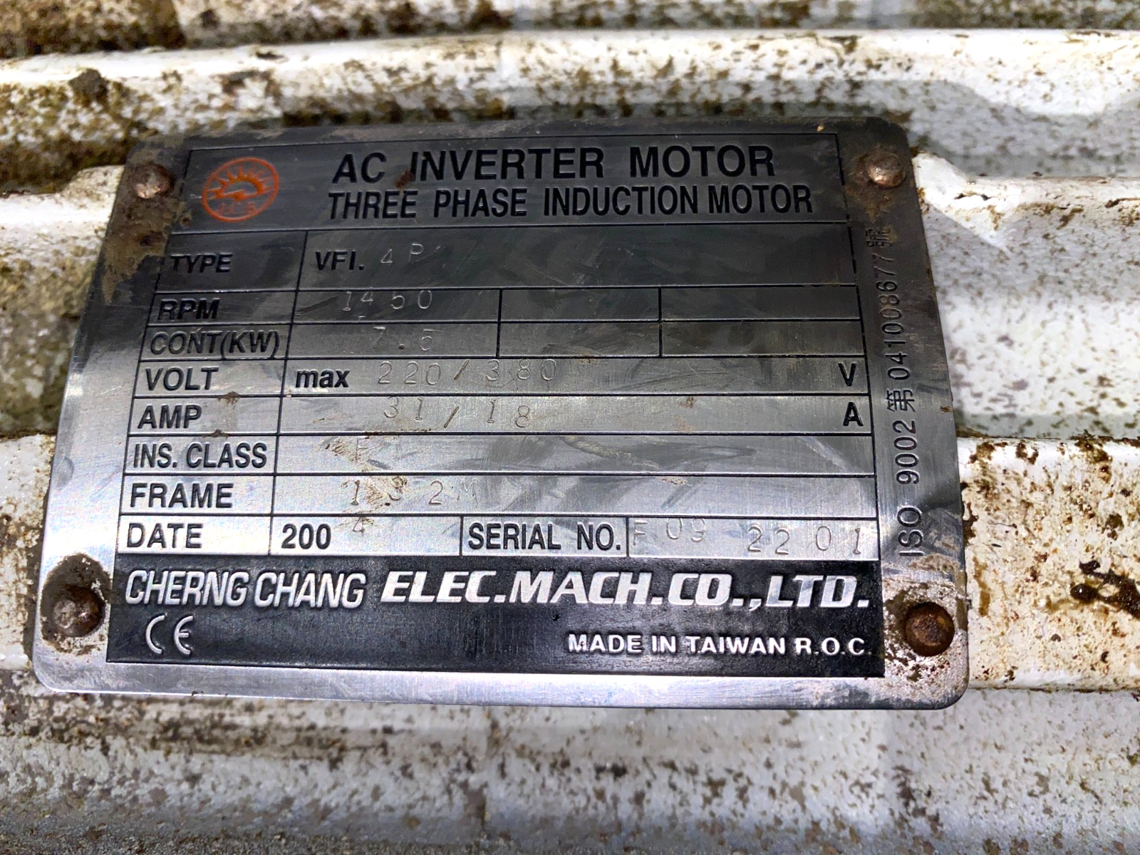 Cherng Chang VFI.4P AC Inverter Induction Motor 3-Phase 1450RPM 220/380V 31/18A