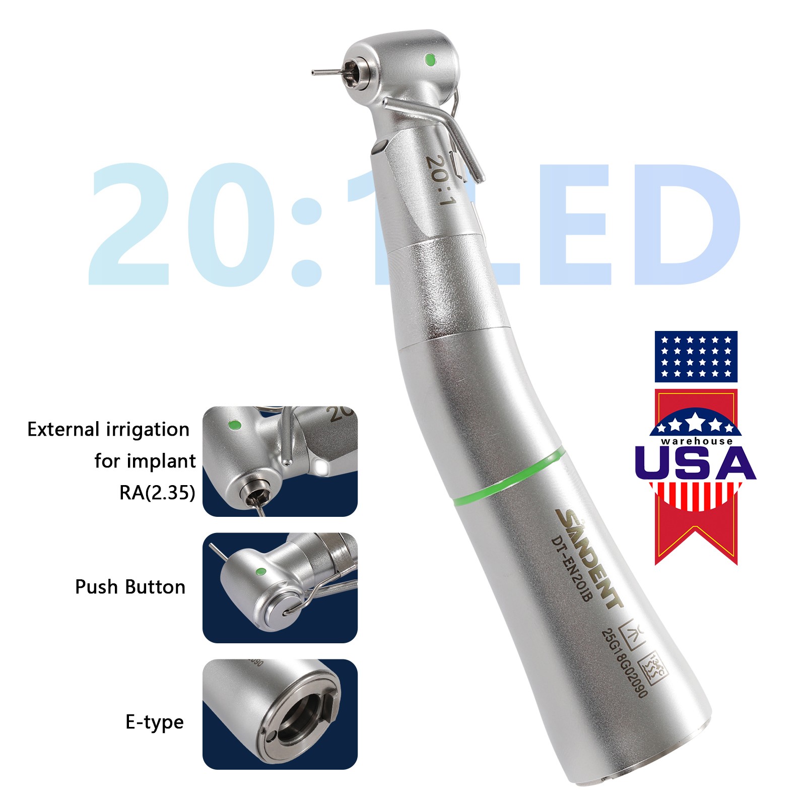 LED SANDENT 20:1 Contra Angle Fiber Optic Electric Handpiece External Spray