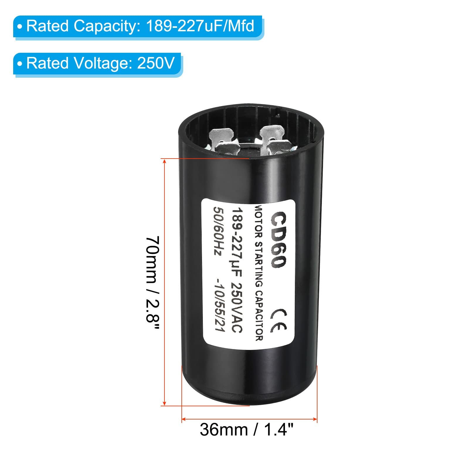 PATIKIL Motor Start Capacitor, 189-227uF/Mfd 250VAC 50/60Hz CD60 Run…