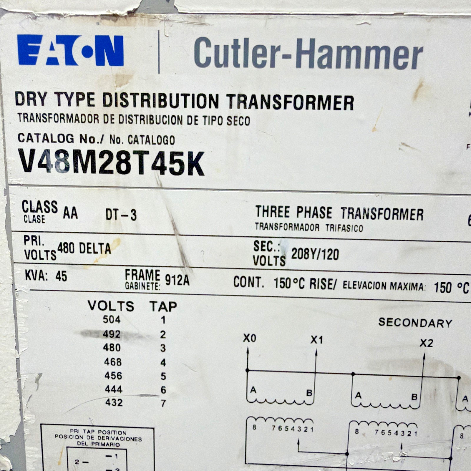 Eaton 45kVA 480V Transformer 3PH 60HZ 208Y/120V V48M28T45K 🟦