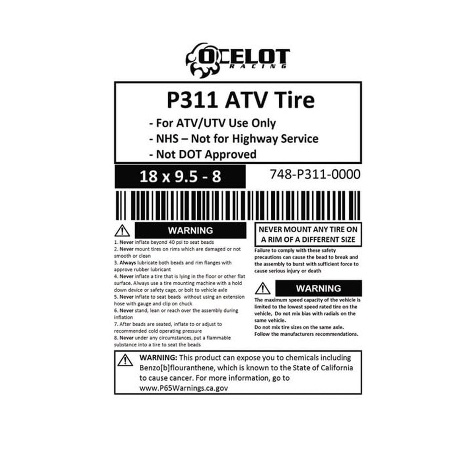Ocelot P311 All Terrain ATV/UTV 18×9.5-8 Tires, 4-Ply, 15mm Tread Depth, Smoo…