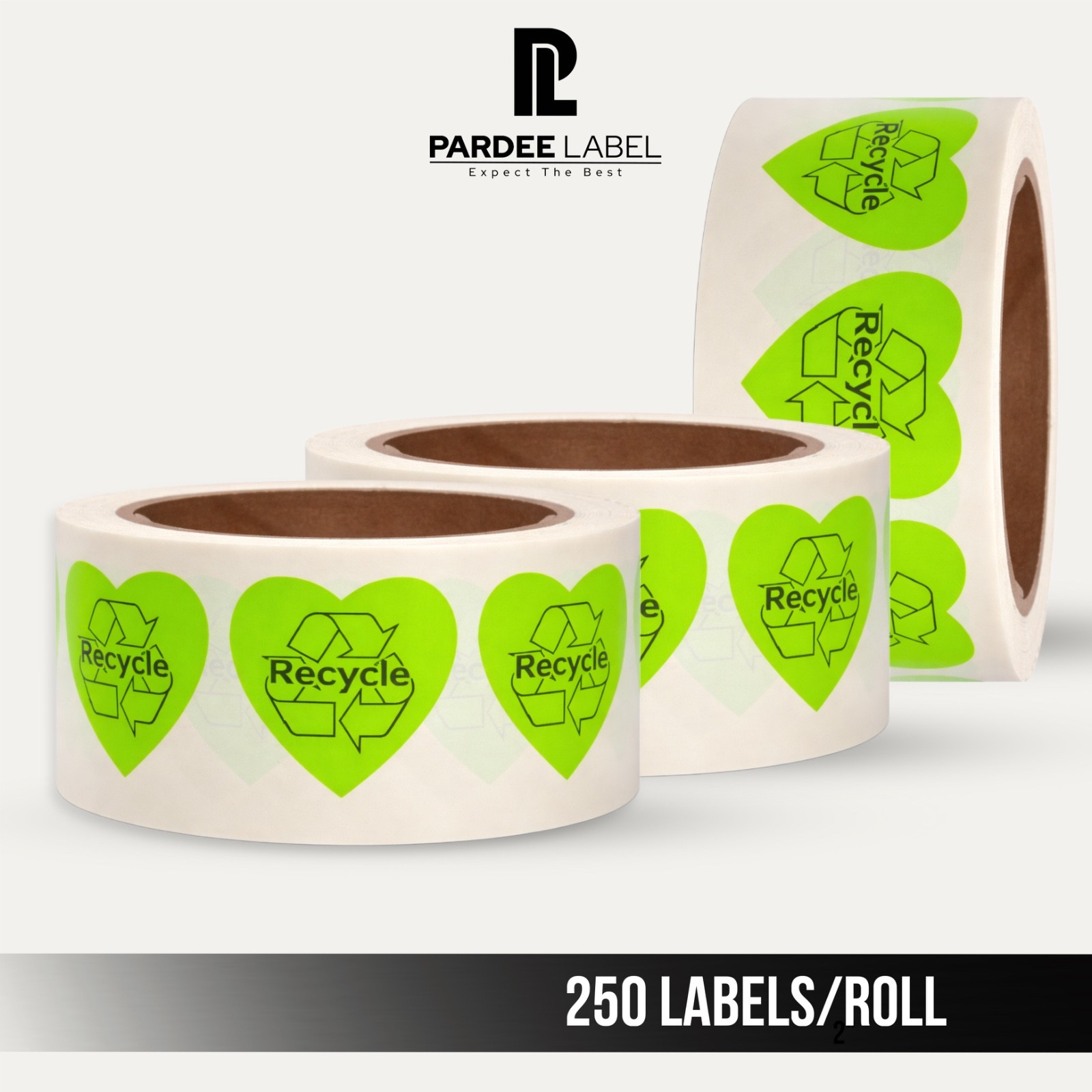 Heart Recycle Stickers Neon Green 1-3/4” 250 Labels per Roll