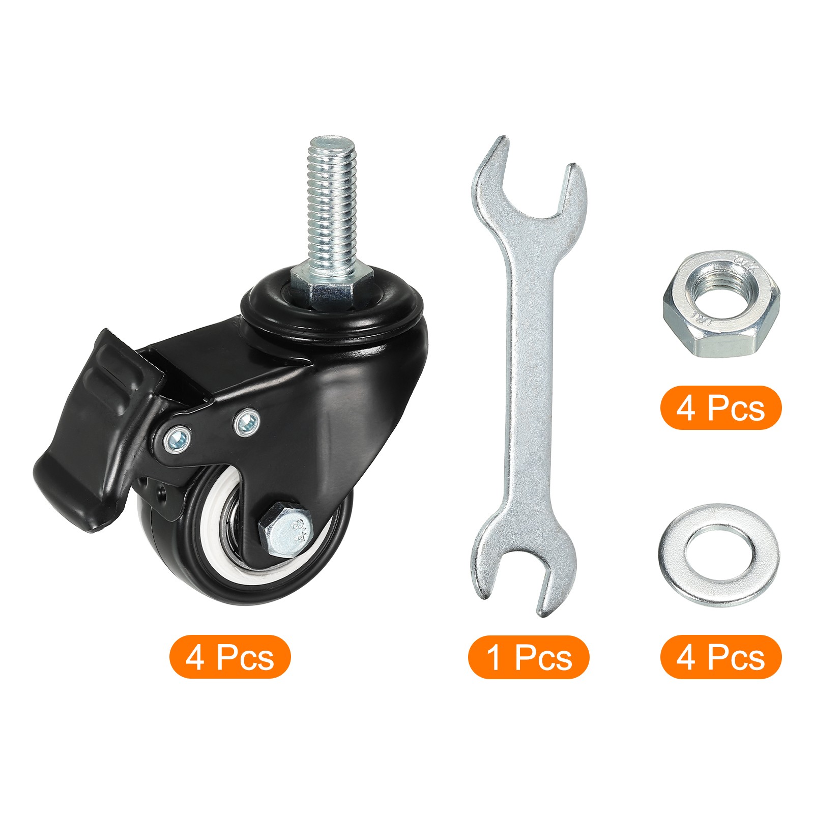 4 x 1.5″ Swivel Threaded Stem Casters 3/8″-16UNC PU Wheel Brake 88lbs Load Black